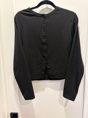 Women's Black Button Up Long Sleeve Ribbed Top